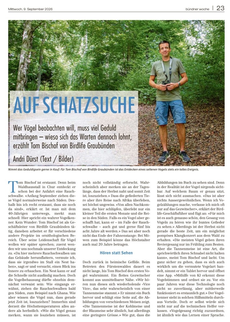 Beitrag über die Vogelwelt und BirdLife Graubünden in der Bündner Woche September 2026